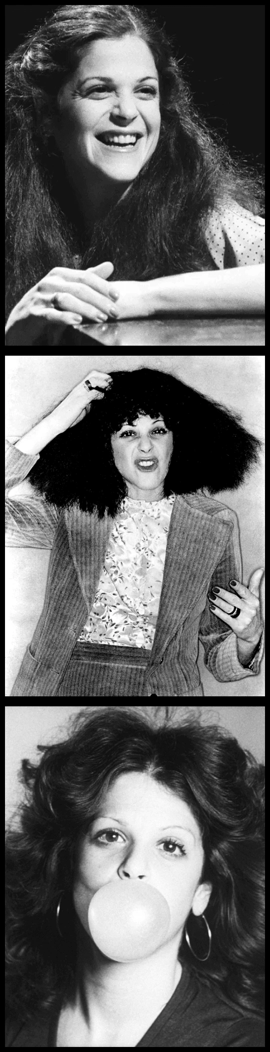Vertical film reel of black and white photos of Gilda