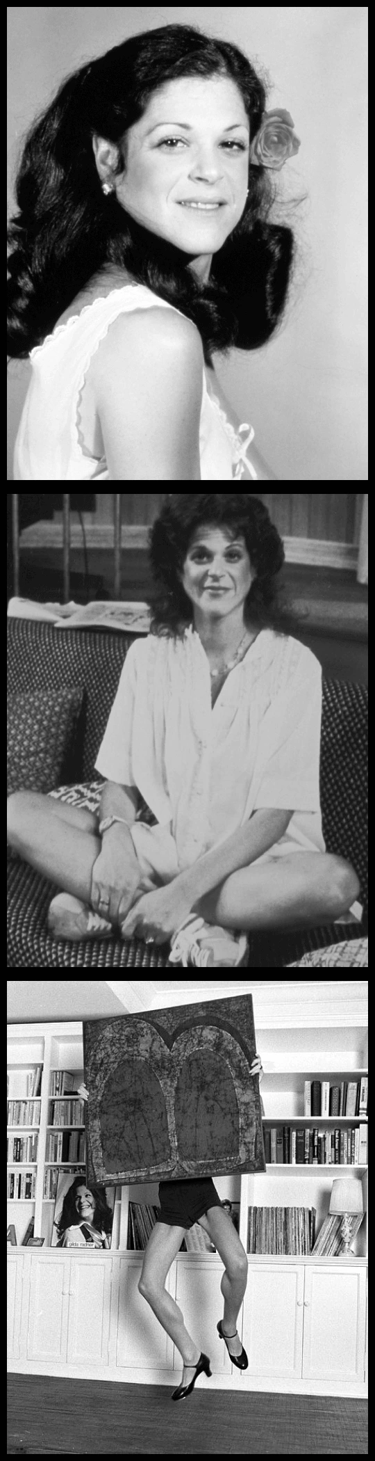 Vertical film reel of black and white photos of Gilda